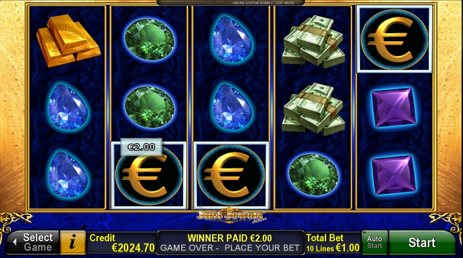 Интерфейс игры Just Jewels Deluxe с барабанами и драгоценными камнями