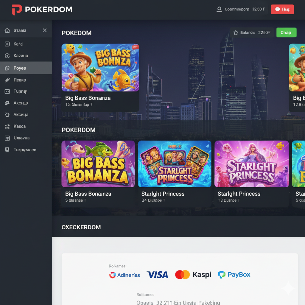 Qozogʻiston oʻyinchilari uchun Pokerdom platformasining interfeysi