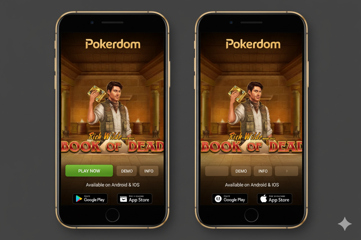 Android va iOS tizimlarida Book of Dead o‘ynash uchun Pokerdom Mobil Ilovasi mavzusida fotosurat yarating. Dizaynni mening fotosuratimdan oling