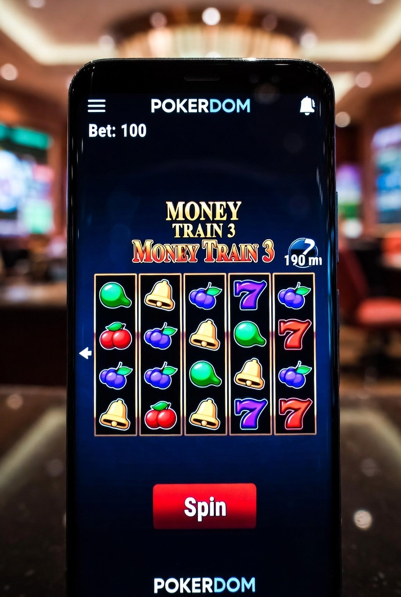 Портреттік режимде Pokerdom платформасындағы Money Train 3 мобильді нұсқасының интерфейсі