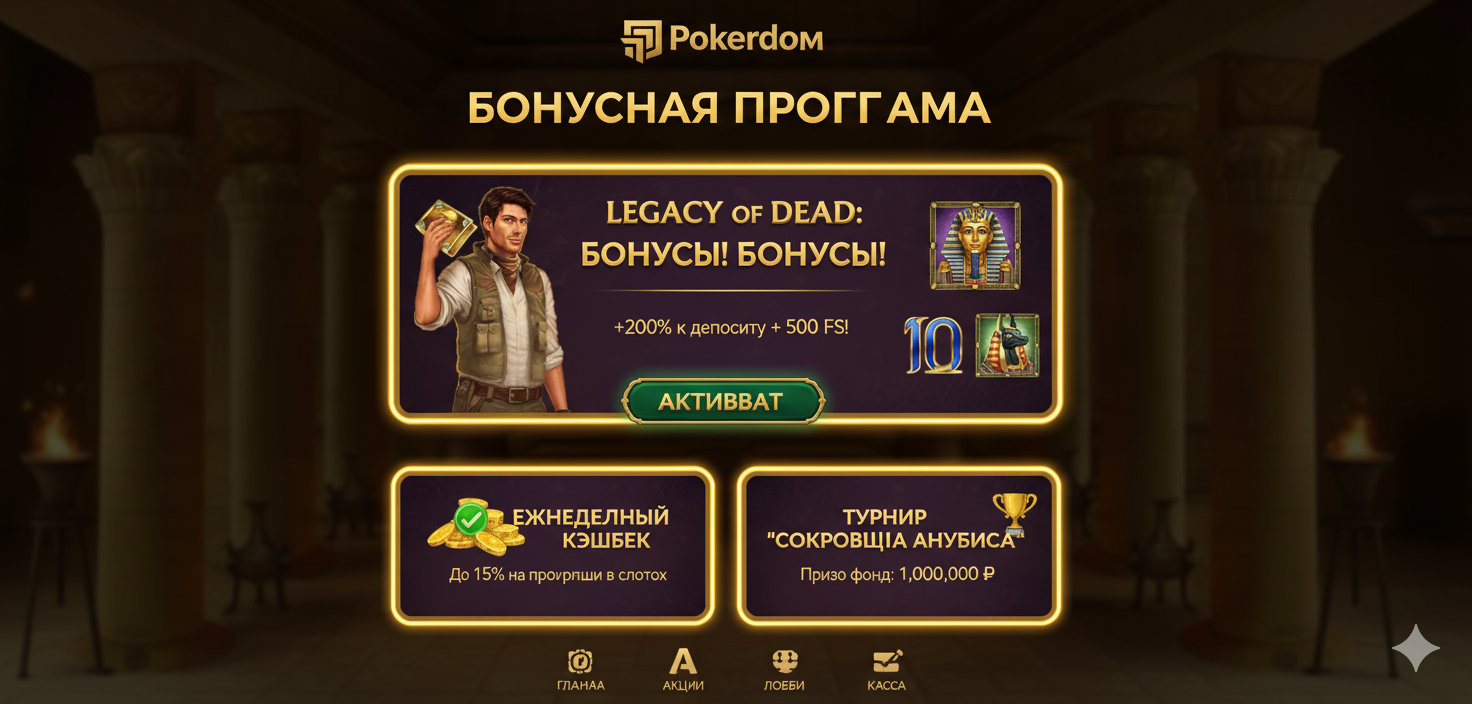 Legacy of Dead slotiga bag'ishlangan aksiyalari bor Pokerdom bonus dasturining interfeysi